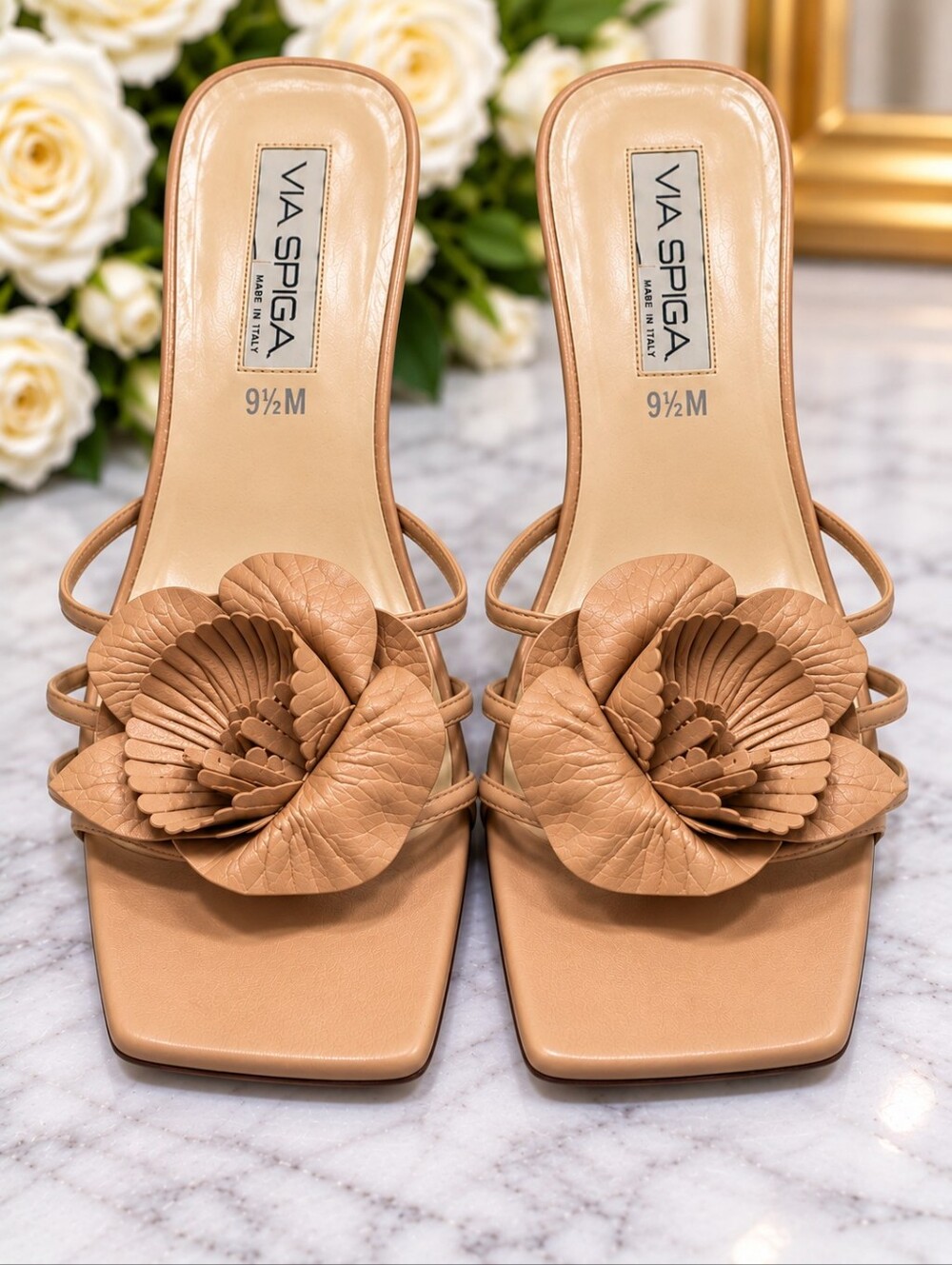 NWOB Unique Via Spiga Leather Floral Mule/Wedge Heels Nude Square Toe Size 9.5M